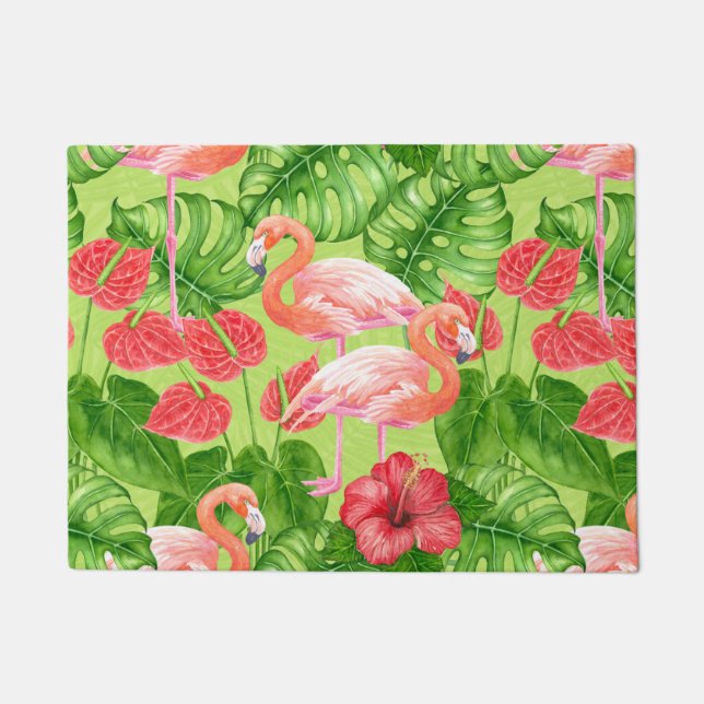 Paillasson Flamant rose et plantes tropicaux (Devant)