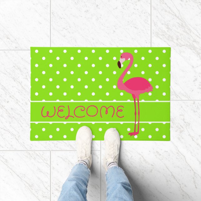 Paillasson Flamant rose Pointe rose et vert Polka Personnalis (Intérieur)