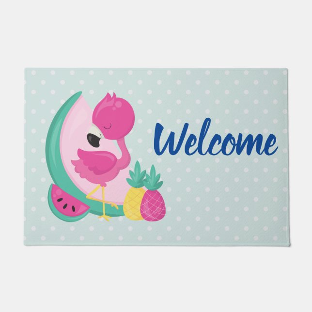 Paillasson Flamant rose rose et fruits tropicaux Bienvenue (Devant)