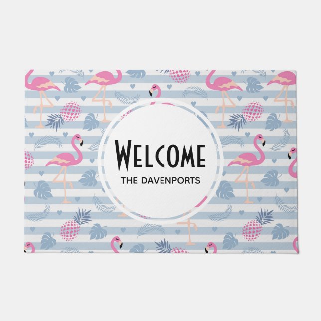 Paillasson Flamant rose Whimsical et ananas Motif Bienvenue (Devant)