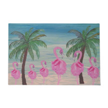 Flamants roses fantaisistes et palmiers tropicaux