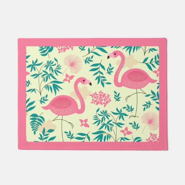 Paillasson Flamants roses roses et fleurs tropicales (Devant)