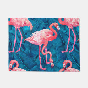 Paillasson Flamants roses sur feuilles de bananes bleues