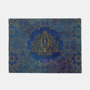 Paillasson Fleur de Lotus élégante d'or sur le bleu