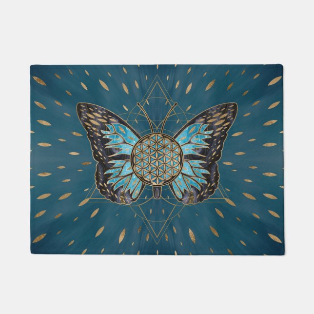Paillasson Fleur du papillon de vie - pierre bleue et or (Devant)