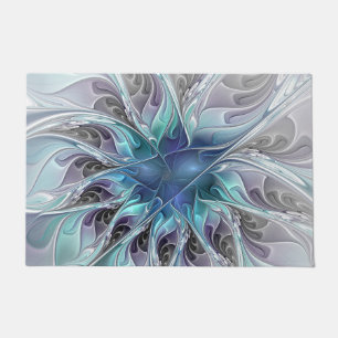 Paillasson Fleur fractale moderne abstraite avec du bleu
