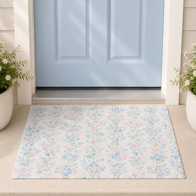 Paillasson Fleurs Bleues Aquarelle (elegant girly grandmillennial pale powder blue blush pink floral door mat)