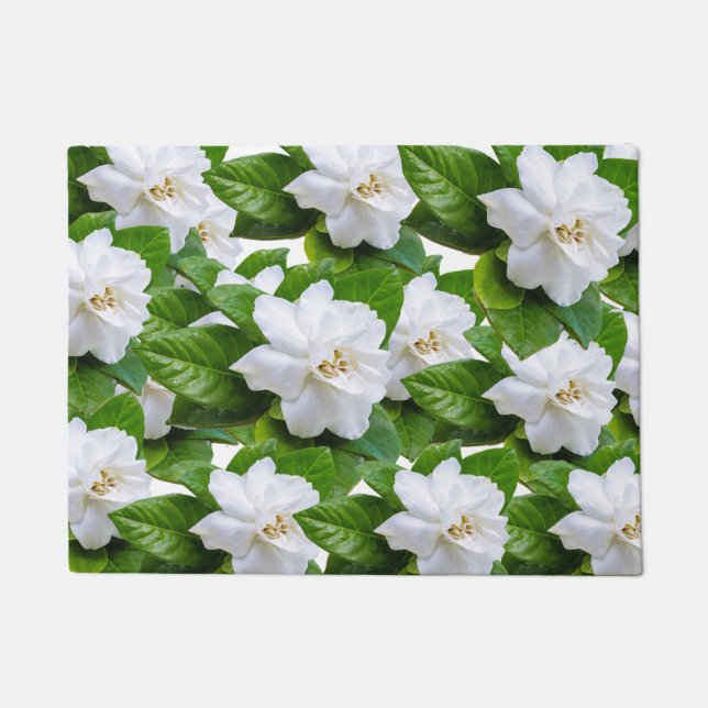 Paillasson Fleurs de gardenia blanches et feuilles verts en v (Devant)