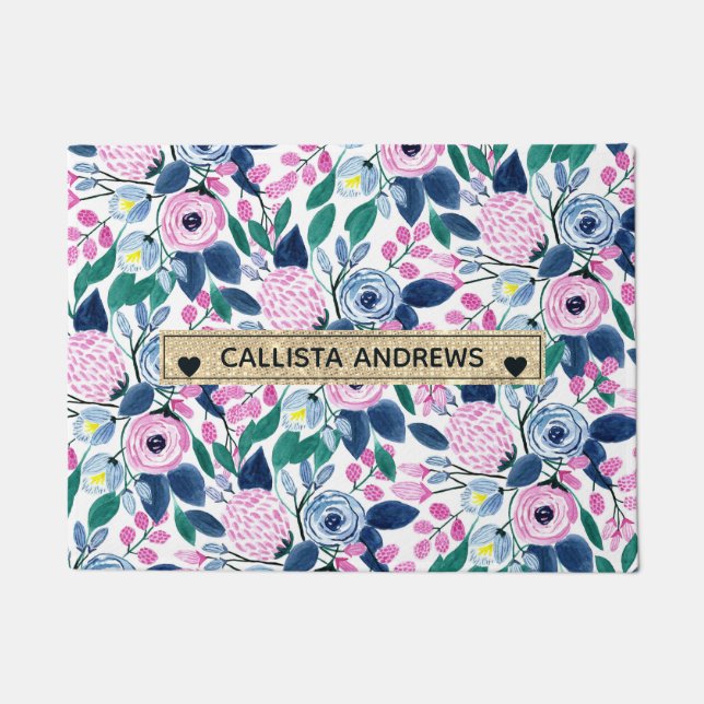 Paillasson Fleurs de marine rose douce Aquarelle or Monogramm (Devant)
