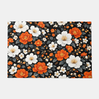 Paillasson Fleurs orange et blanches vibrantes sur fond noir 