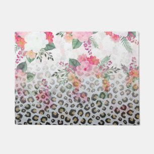 Paillasson Fleurs roses Empreintes de léopard noires en argen