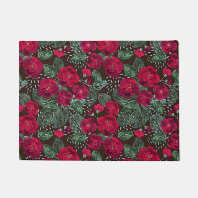 Paillasson Fleurs rouges, aquarelle motifs floraux. (Devant)