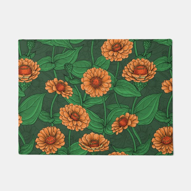 Paillasson Fleurs Zinnia orange, feuilles verts sur vert fonc (Devant)