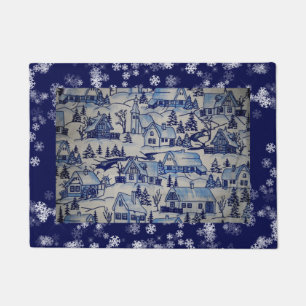 Paillasson Flocons de neige blancs bleus de village vintage