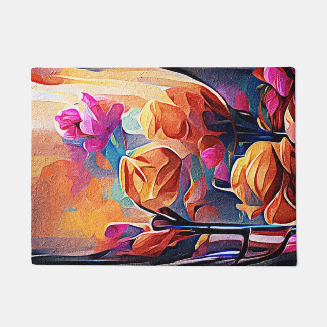 Paillasson Floral Abstract Art Orange Red Blue Flowers (Devant)