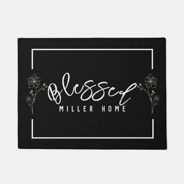 Paillasson Floral Bienheureux Accueil Nom de famille Noir Bla (Devant)