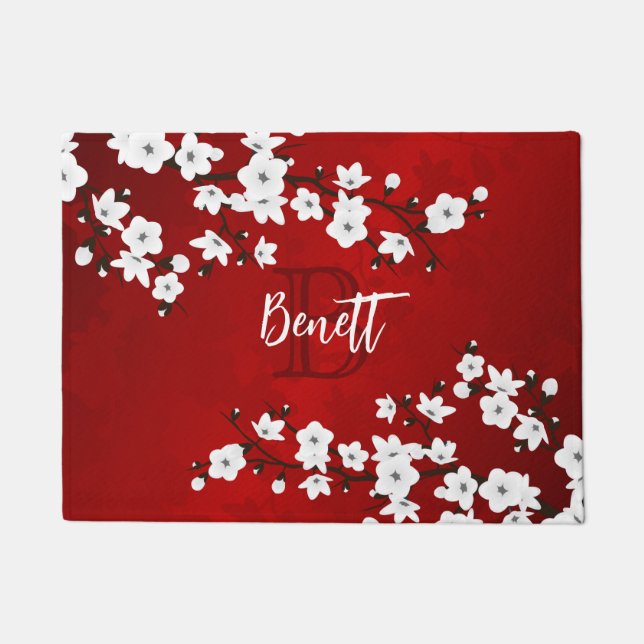 Paillasson Floral Blanc Cerisier Fleur Rouge Monogramme Ajout (Devant)