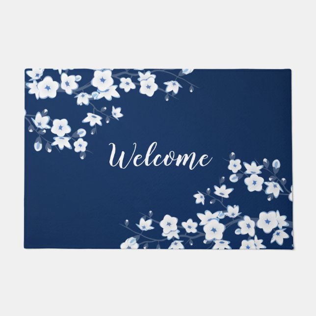 Paillasson Floral Cerisier Fleurs Marine Bleu Blanc Bienvenue (Devant)