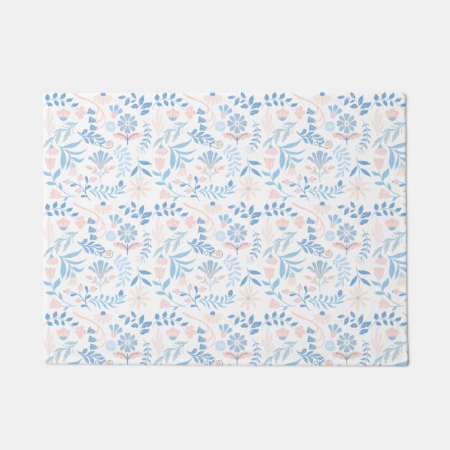 Paillasson Floral design boho block print blue pink girly (Devant)