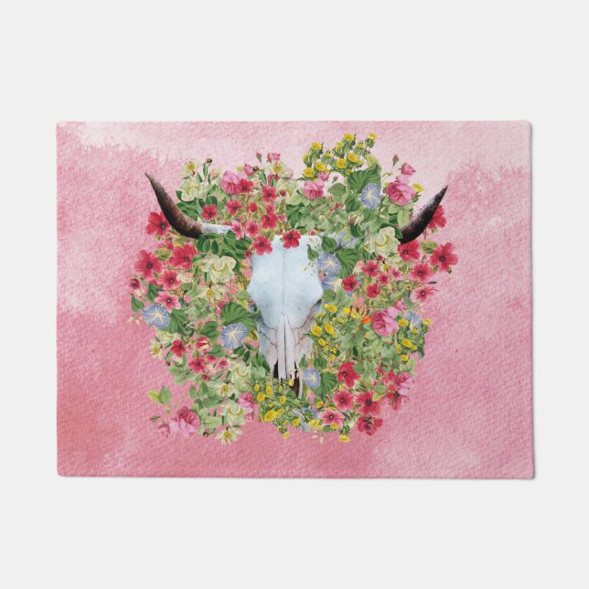 Paillasson Floral Longhorn Crâne sur l'arrière - plan aquarel (Devant)