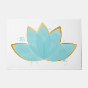 Paillasson Floral Lotus Aquarelle Mer Bleu & Faux Or