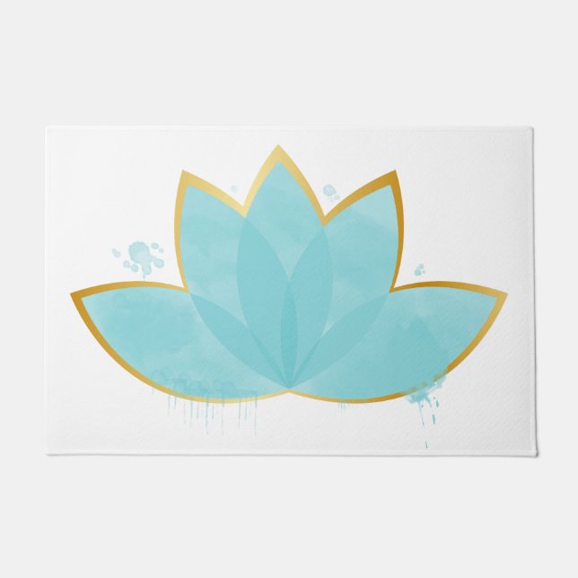 Paillasson Floral Lotus Aquarelle Mer Bleu & Faux Or (Devant)