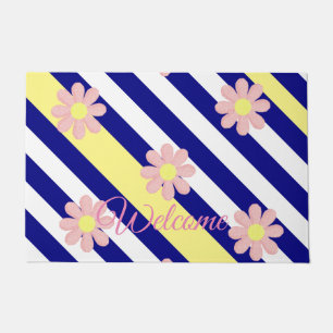 Paillasson Flore Bleu Bleu Fleurs Roses Porte Mat