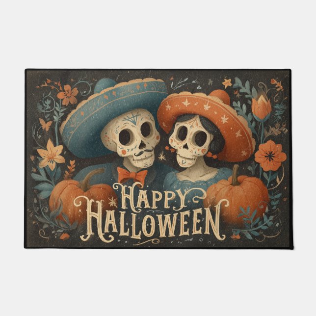 Paillasson Folk Skull Couple with Pumpkins Happy Halloween (Devant)
