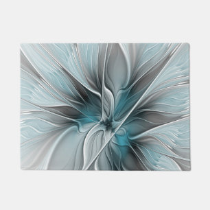 Paillasson Fractal Floral Moderne Abstrait Fleur Bleu Gris