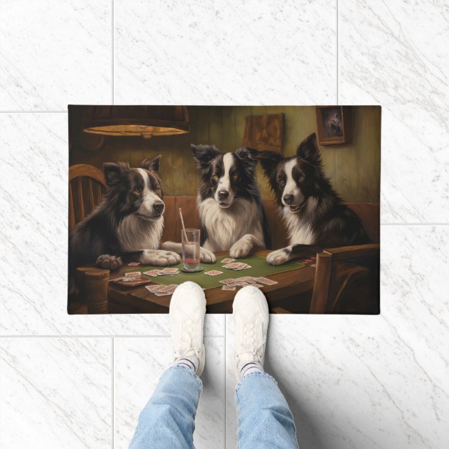 Paillasson Frontière Collie Chiens Jouer Poker Art (Intérieur)