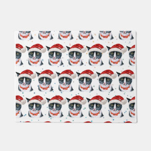 Paillasson Funny Christmas Black and White Cat Watercolor