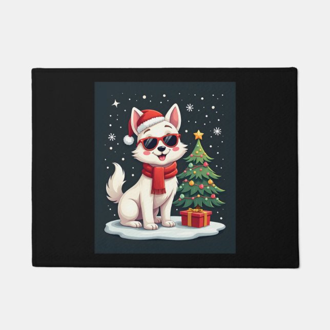 Paillasson Funny Festive Lunettes de soleil Chien avec arbre  (Devant)