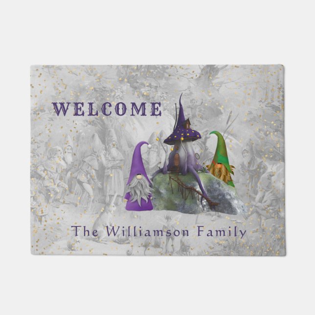 Paillasson Gnome Purple House Gold Confetti Bienvenue (Devant)