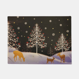 Paillasson Gold Vintage Deer Family dans la forêt de Noël de 