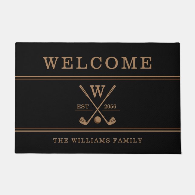 Paillasson Golf Monogramme Nom de famille Brown Black Door (Devant)