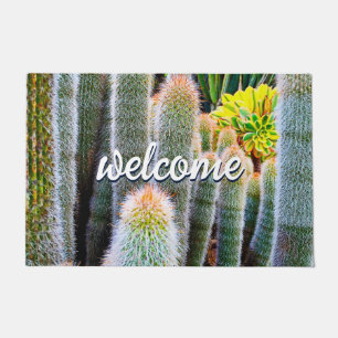 Paillasson Green Fuzzy Cactus Gros plan Photo Welcome Script