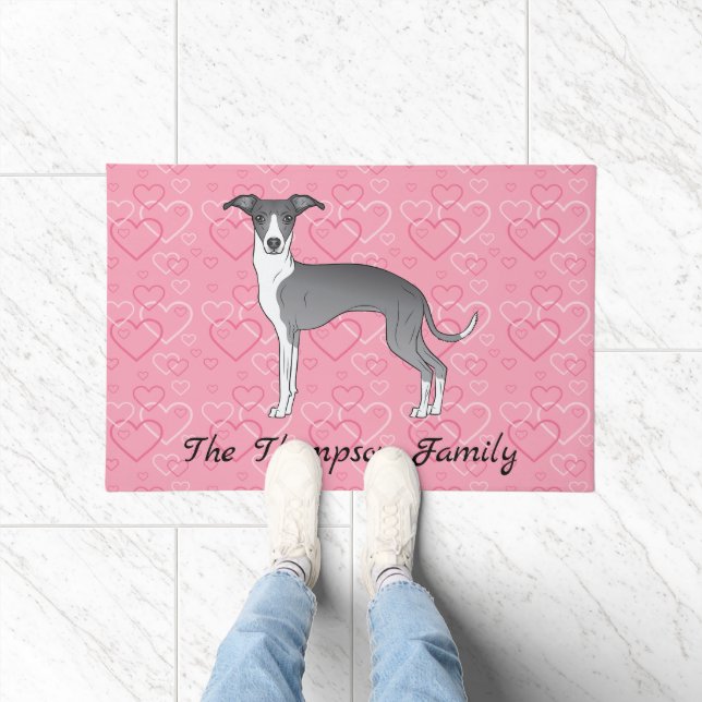 Paillasson Greyhound Italien Bleu Et Blanc Sur Coeurs Rose (Intérieur)