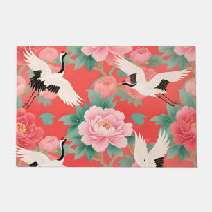 Paillasson Grues japonaises Pivoines Rouge Chinoiserie Élégan