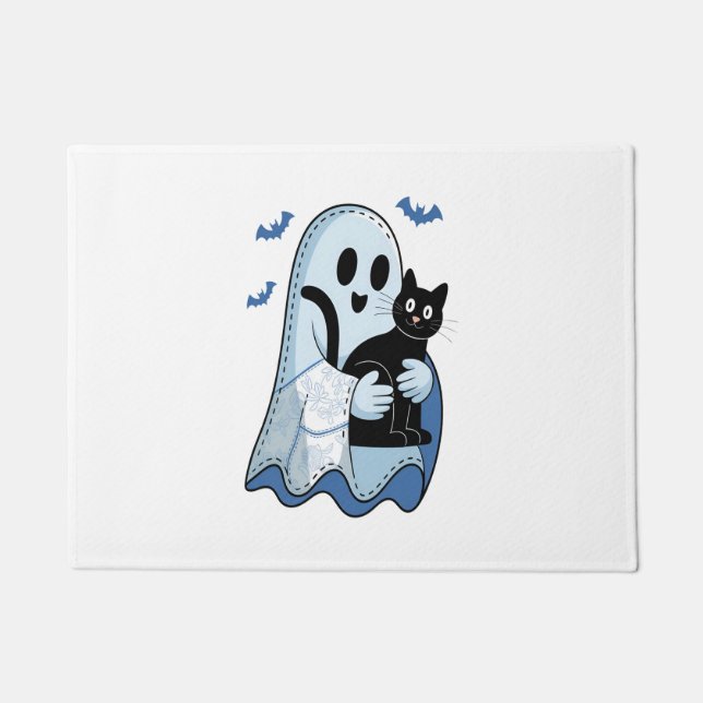 Paillasson Halloween bleu Denim Ghost et chat (Devant)
