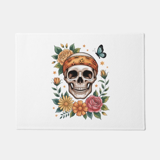 Paillasson Halloween floral crâne Éffrayant (Devant)