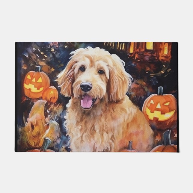 Paillasson Halloween Goldendoodle avec la peur Citrouille (Devant)
