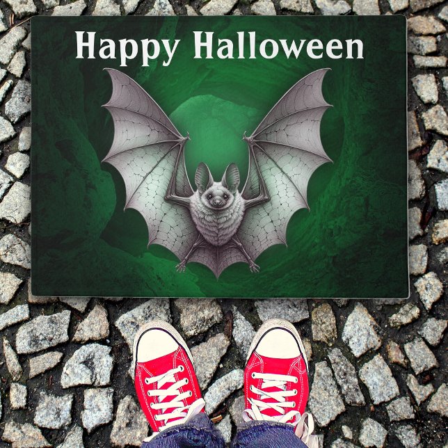 Paillasson Halloween Gris Éffrayant Volant Bat Green Cave (Spooky grey flying bat green glowing cave on Happy Halloween door mat.)