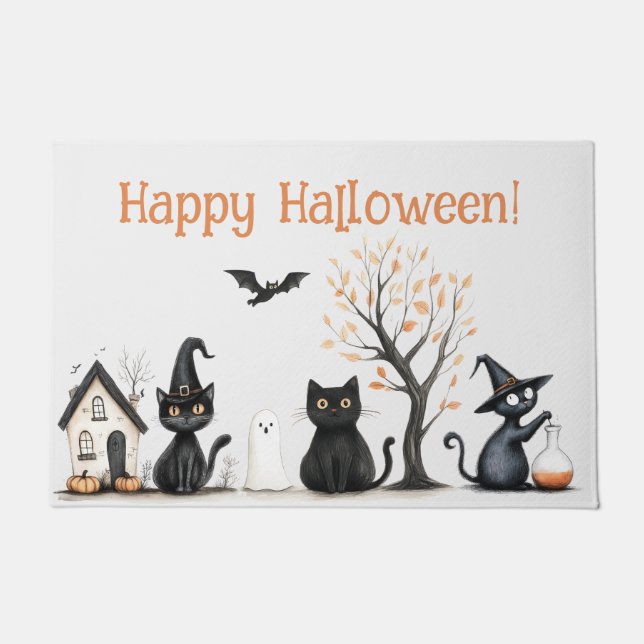 Paillasson "Halloween joyeuse" Cute Chats Noirs (Devant)