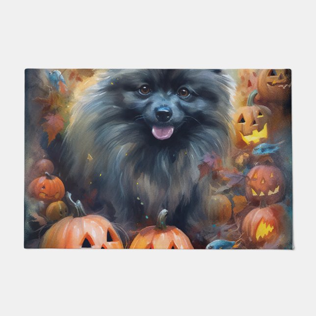 Paillasson Halloween Keeshonté avec la peur Citrouille (Devant)