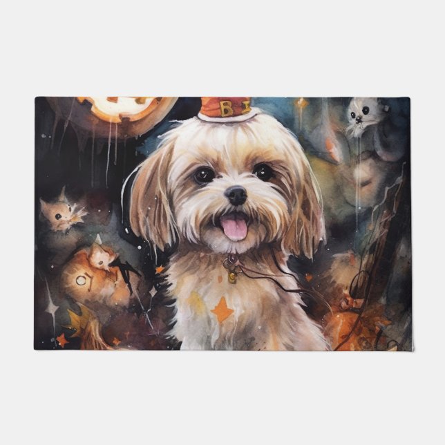 Paillasson Halloween Lhassa Apso Avec Peur Citrouille (Devant)