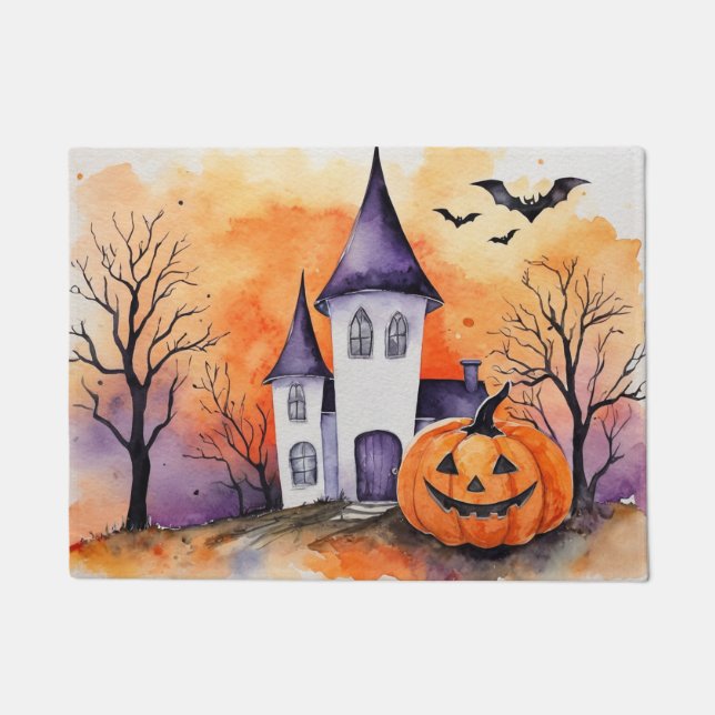 Paillasson Halloween moderne Orange Citrouille Haunted House  (Devant)