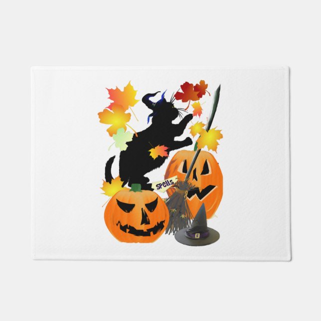 Paillasson Halloween Noir Kitty Batting Joli Feuilles (Devant)