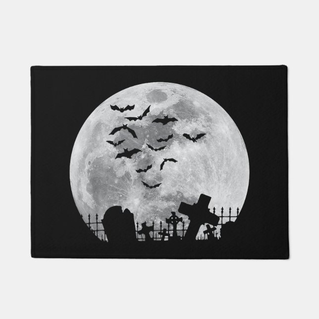 Paillasson Halloween Pleine lune Cimetière Bats Éffrayants (Devant)