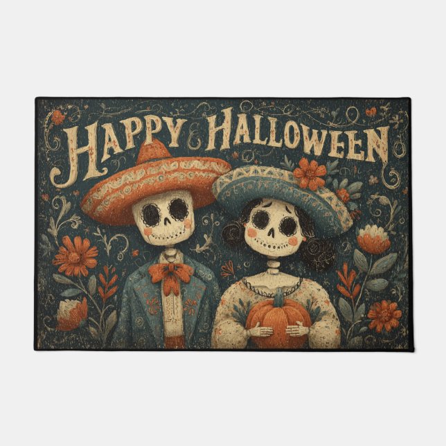 Paillasson Halloween Skull Couple with Pumpkins and Sombreros (Devant)