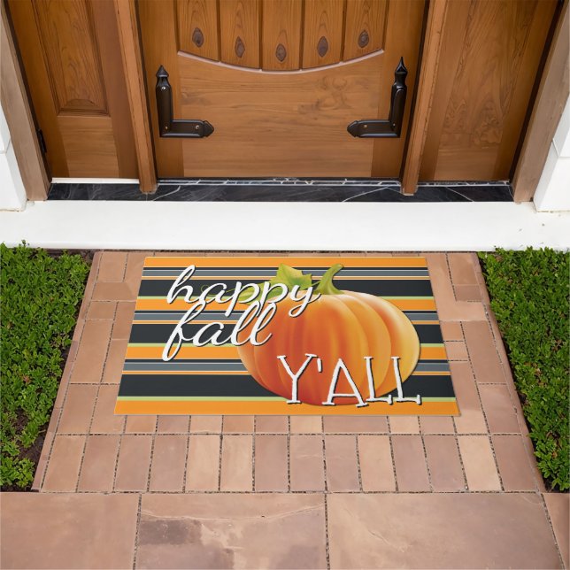 Paillasson Happy Fall Yall Citrouille Sur Vibrant Stripes Mot (De plein air)